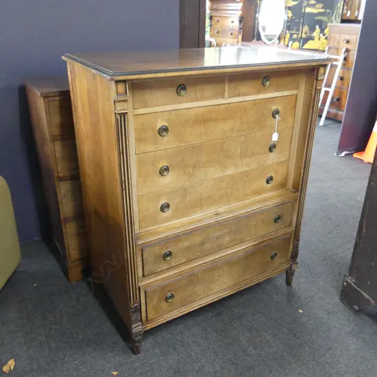 ANTIQUE STYLE EUROPEAN CHEST OF DRAWERS, 5  IN RECESS ( HAD DOORS) . 2 DRAWERS BELOW.  PILLASTERS FLANKED H.1200mm