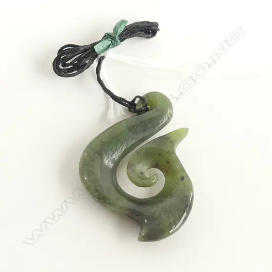 POUNAMU (GREENSTONE) FISH HOOK PENDANT (L 55mm) ON BLACK WAXED ADJUSTABLE CORD