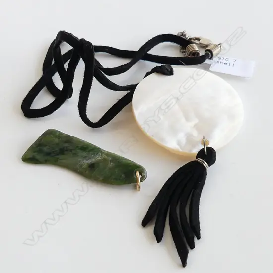 MOTHER OF PEARL DISC PENDANT + GREENSTONE PENDANT 