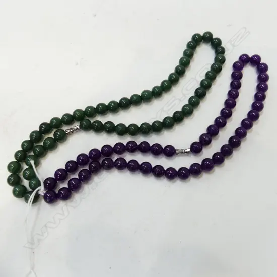 2 BEAD NECKLACES GREEN JADE & PURPLE 
