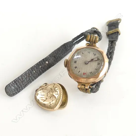 9CT GOLD SM HEART LOCKET + VINTAGE LADIES WRIST WATCH, LEATHER STRAP & 9CT GOLD WATCH  12.23GMS
