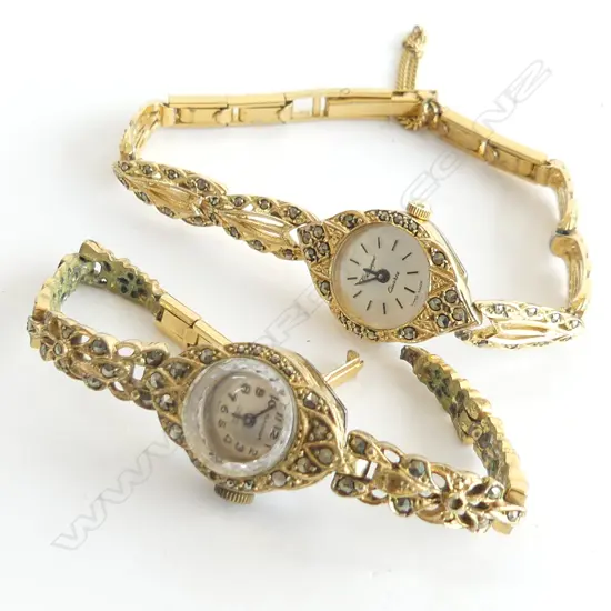 2 VINTAGE GOLD TONE MARCASITE DRESS WATCHES (1 REPORTEDLY WORKING, 1 A/F)