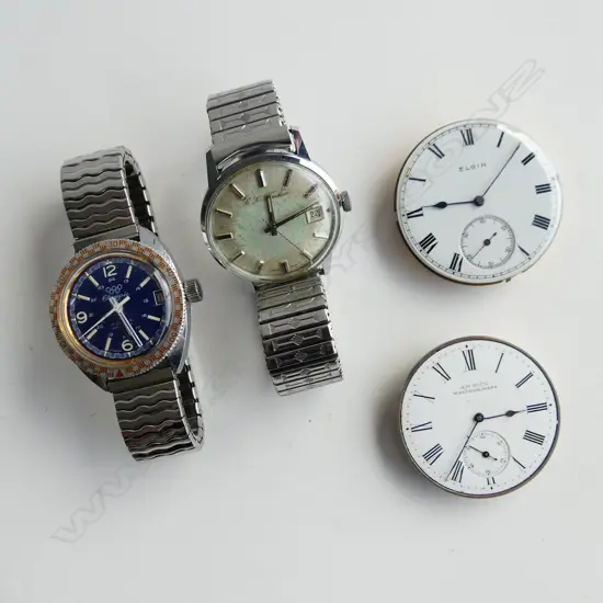 2 VINTAGE WRISTWATCHES + 2 POCKET WATCH MOVEMENTS (ELGIN & WALTHAM)