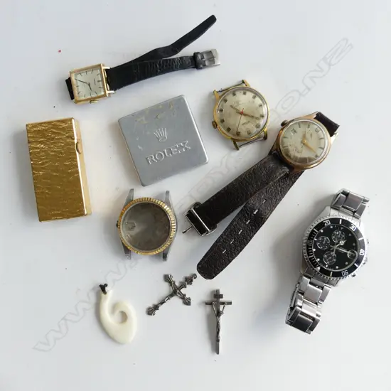 5 WATCHES as is + ROLEX DIAL CASE + VINTAGE DUNHILL G/PLATE LIGHTER