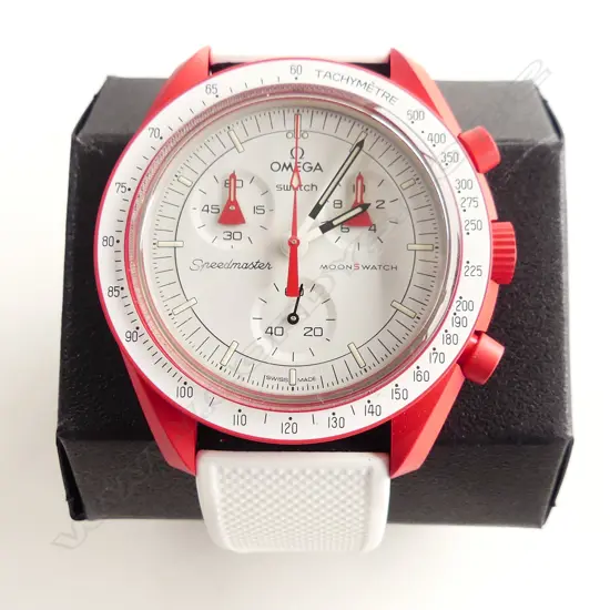 OMEGA SWATCH WATCH, BIO CERAMIC - MISSION TO MARS, AFTER MARKET STRAP, AS NEW IN BOX WITH PAPERS, 100% ORIGINAL