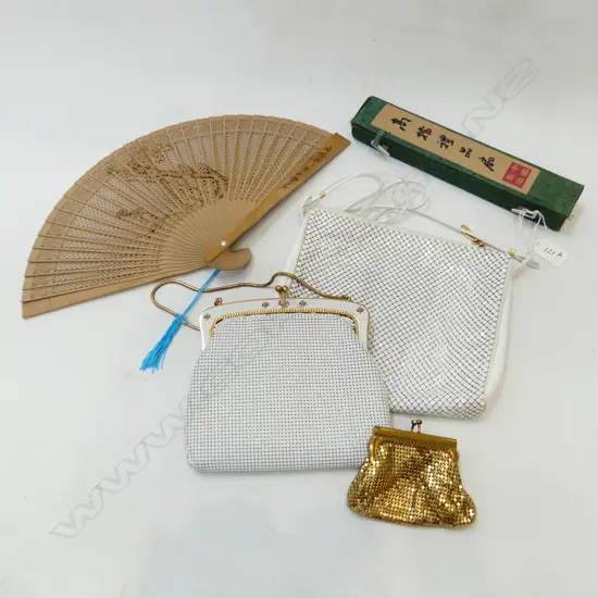 2 WHITE OROTON MESH BAGS + GOLD MESH PURSE &  ORIENTAL FAN IN BOX