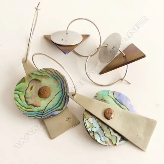 2 PR KIM BRICE EARRINGS, COPPER, PAUA SHELL & 925 SILVER, C.1990'S