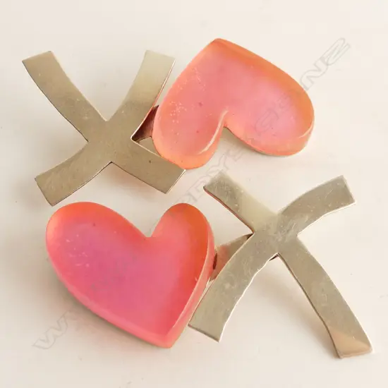 2  BROOCHES BY KIM BRICE, HEART & CROSS, 925 SILVER & RESIN, BACK PINS MISSING, C 1990'S