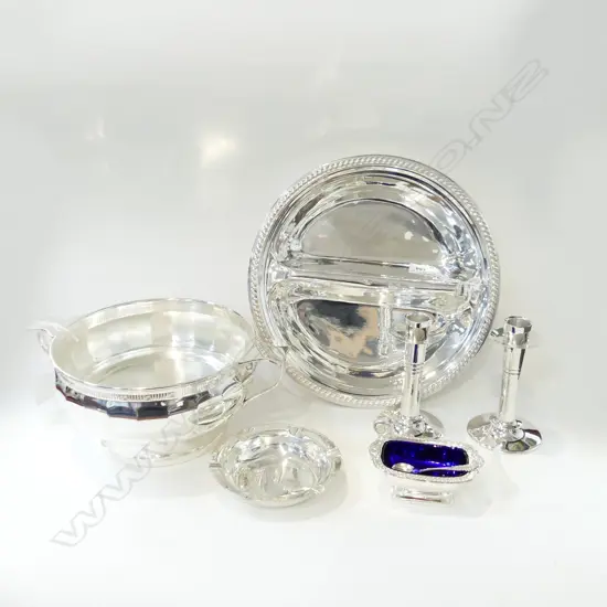 2 SILVER PLATE DISHES, PR CANDLESTICK HOLDERS + 2 OTHERS