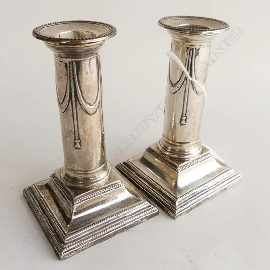 PR STG SILVER CANDLESTICKS w. TASSEL & SWAG DECORATION SHEFFIELD 1901 H.130mm