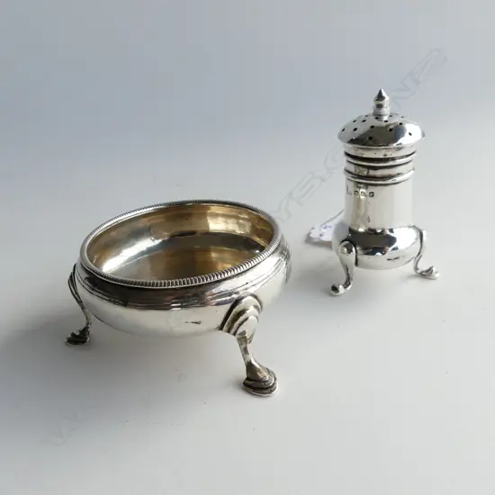 STG SILVER SALT POT LONDON CHARLES HOUGHAM LATE 18thC + PEPPER POT CHESTER 1898 53 GRAMS 