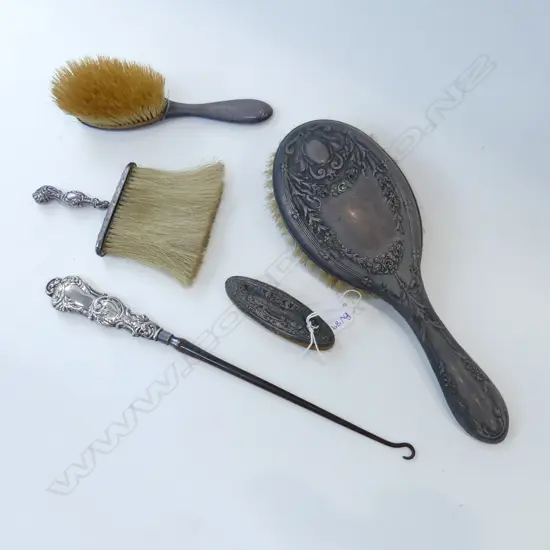 5 PCES STG SILVER; 3 BRUSHES, BUTTON HOOK & NAIL BUFF