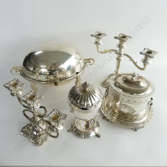 5 PCES EP; BACON WARMER, BISCUIT TIN, EGG HOLDER, 2 CANDELABRAS 