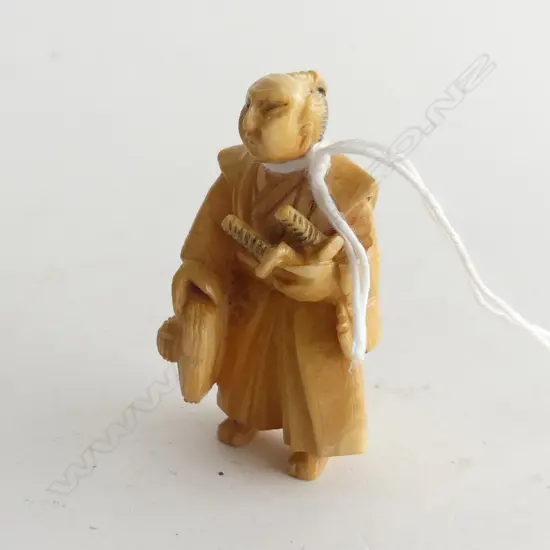 ANTIQUE JAPANESE CARVED SAMURAI NETSUKU SIGNED H.250mm