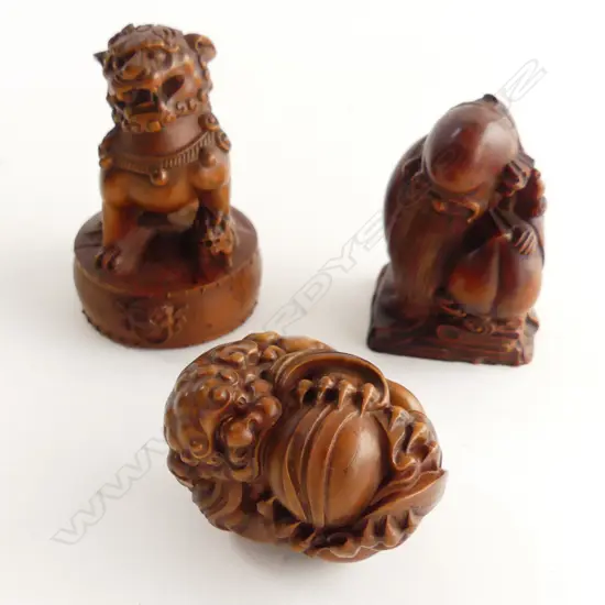 3 CARVED WOODEN NETSUKE; FOO DOG, ORIENTAL OLD MAN & MYTHICAL CREATURE