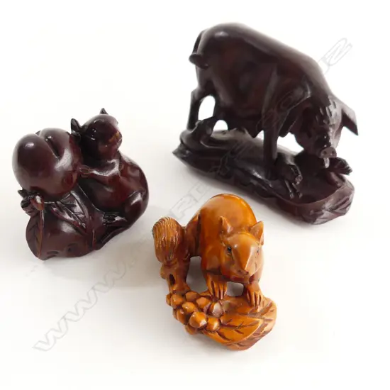 3 CARVED WOODEN NETSUKE; PIG & 2 SQUIRRELS