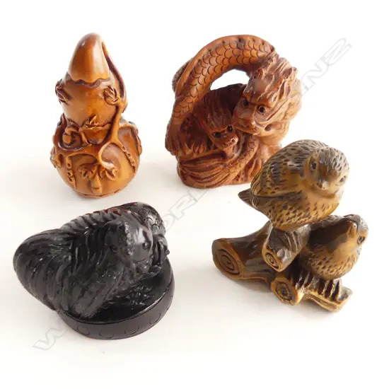 4 CARVED WOODEN NETSUKE; DRAGONS, PR BIRDS, CHICKEN & ONE OTHER
