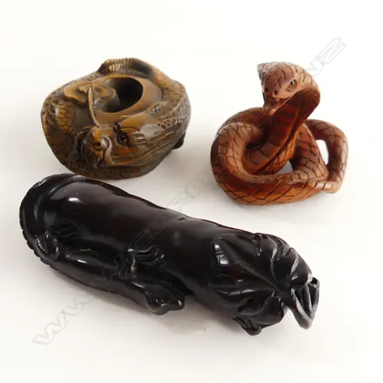 3 CARVED WOODEN NETSUKE; COBRA, DRAGON & LIZARD