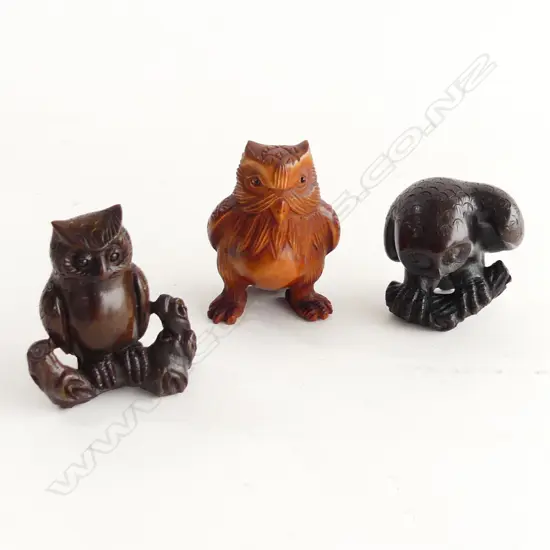 3 CARVED WOODEN OWL NETSUKE