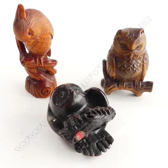 3 CARVED WOODEN OWL NETSUKE