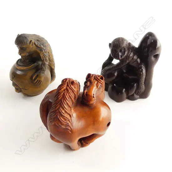3 CARVED WOODEN NETSUKE; 2 MONKEYS + PR HORSES