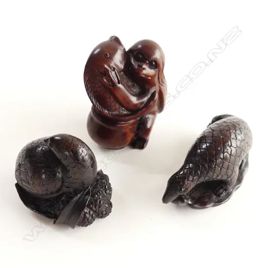 3 CARVED WOODEN  NETSUKE; SLOTH, KOMODO DRAGON & SNAIL