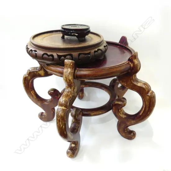 3 ORIENTAL WOODEN STANDS - LG FOOTED H. 280MM + 1 X DIA 230MM & 80MM