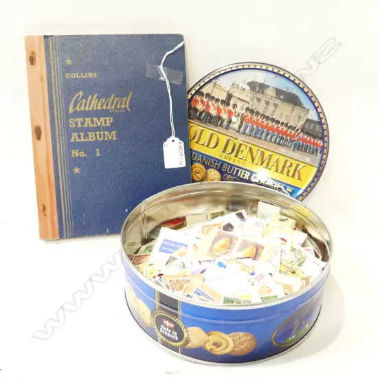 TIN & ALBUM OLD MIXED WORLD STAMPS 