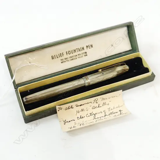 WATERMANS 503 RELIEF FOUNTAIN PEN IN BOX WITH HANDWRITTEN NOTE RE HMS ACHILLES TO COMMEMORATE. 'RIVER PLATE' ACTION