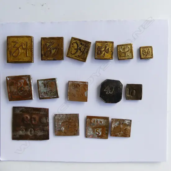 15 ANTIQUE BRASS DRACHM & COPPER GRAINS WEIGHTS FOR WEIGHING COINS