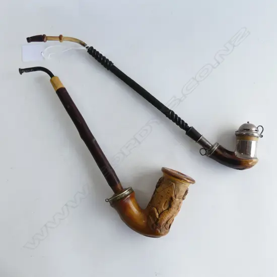 2 OLD EUROPEAN SMOKING PIPES, MEERSCHAUM & SILVER & CARVED MEERSCHAUM BEAR & HORSE A/F L. 300MM