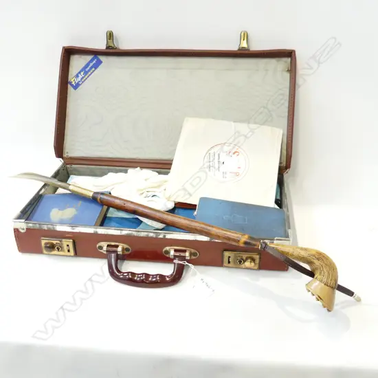 LEATHER CASE MASONIC ITEMS; GLOVES, BOOKS ETC + VINTAGE LONG HANDLED SHOE HORN, + OLD EP RECORD W HAPPY BIRTHDAY