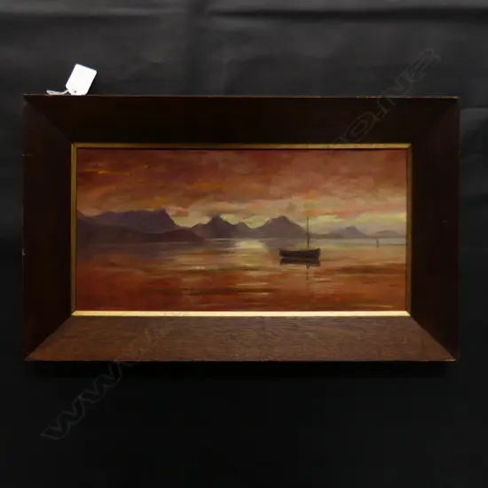 GEORGE. E. WOOLLEY SUNSET LANDSCAPE OIL 1929 170x350mm