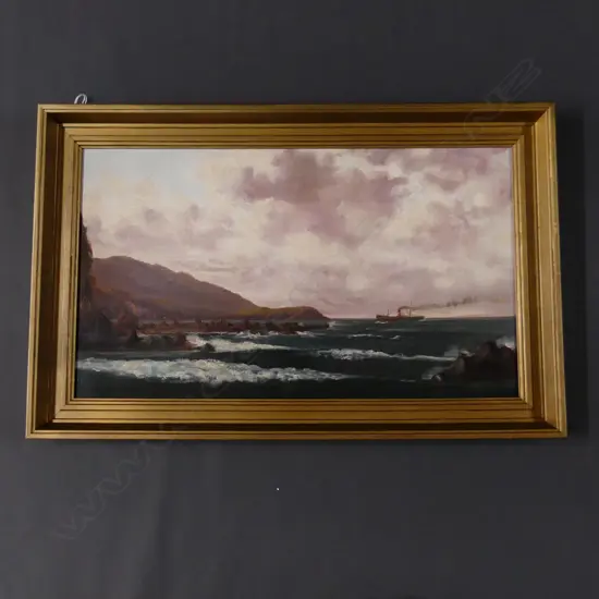 W. TASKER COLONIAL SEASCAPE w. STEAMSHIP 340x600mm