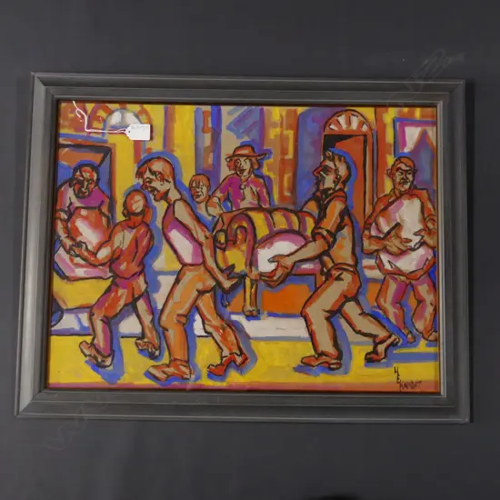 H. E. KNIGHT MOVING SCENE w. 7 FIGURES W/C ON BROWN PAPER 430x580mm