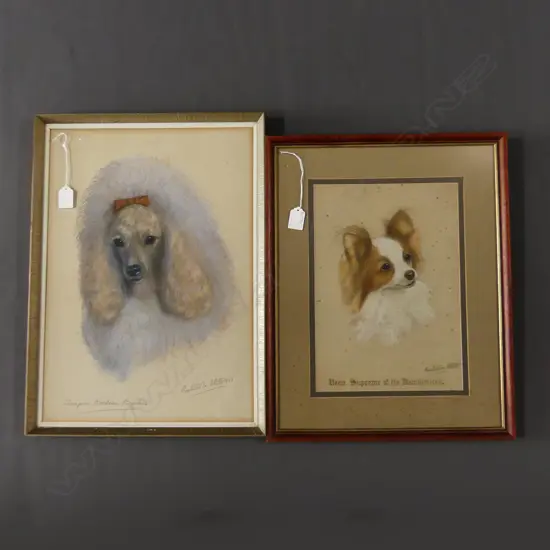 2 BEATRICE M WHITE PASTELS OF DOGS; CHAMPION ROEDEAN ROSALINE 480x340mm & BEAU SUPREME OF THE DANDYMITES