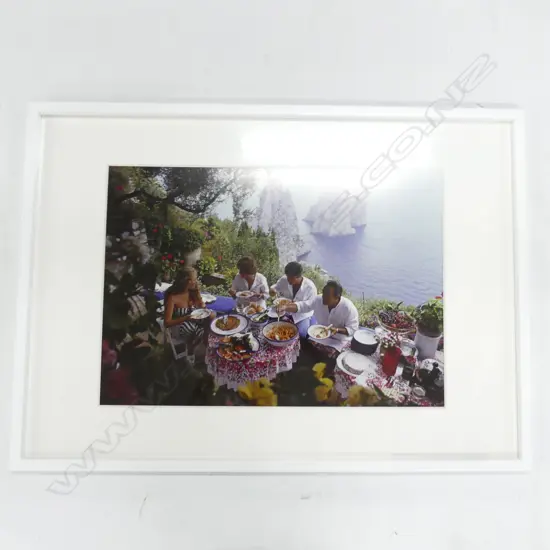 SLIM AARONS FRAMED DIGITAL PRINT  'DINING AL FRESCO ON CAPRI'  580 X 400MM