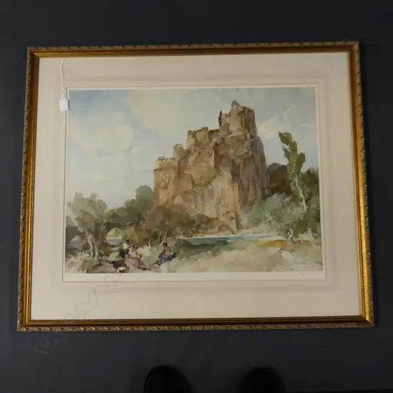WILLIAM RUSSELL FLINT PRINT - CASTLE FORT w. 3 FIGURES IN FOREGROUND 591/850 530x690mm