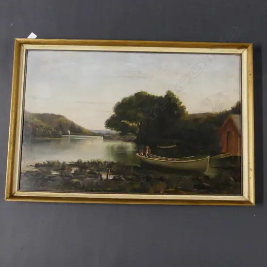 C. E. WOOLLEY COLONIAL LAKE SCENE OIL ON CANVAS SIGNED & DATED 1898 500x780mm