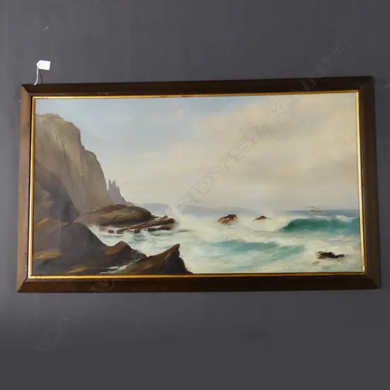 GEORGE ERNEST WOOLLEY COLONIAL SEASCAPE OIL ON CANVAS 470x870mm 