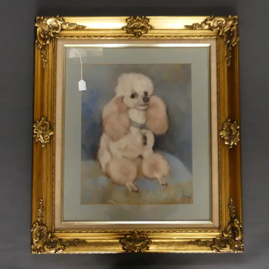 LG PASTEL DRAWING OF A POODLE, SIGNED & GILT FRAMED 480x380mm