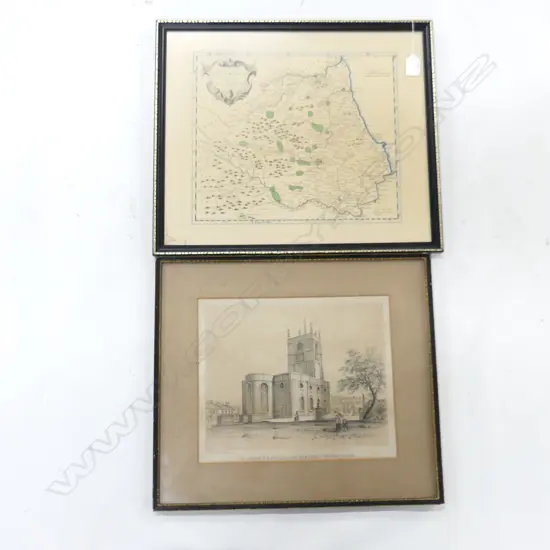 2 OLD PRINTS; ST GILES CHURCH, NEWCASTLE,(300 X 250MM) + DURHAM SHIRE MAP (330 X 290MM)