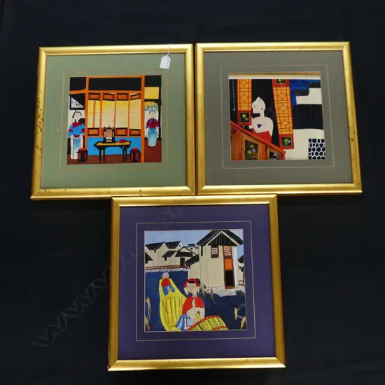 3 GOUACHE PAINTINGS ORIENTAL SCENES BUILDINGS ETC ARTIST UNKNOWN