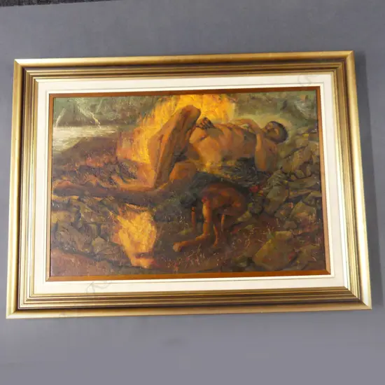 LG OIL - 2 NUDE FIGURES w. FIRE - SIGNED HART '68 570x855mm OIL ON CANVAS