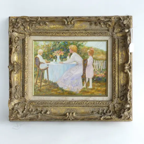 JOSE FERNANDEZ CYNGE (1929-) 'AL FRESCO', OIL ON CANVAS, SIGNED. 220 x 290mm