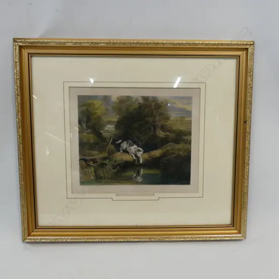 FRAMED ANTIQUE ENGRAVING 'THE DOG & THE SHADOW'  270 X 225MM