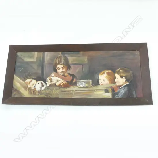 LGE VINTAGE SIGNED OIL PAINTING - CHILDREN w. PUPPIES 440x1210mm
