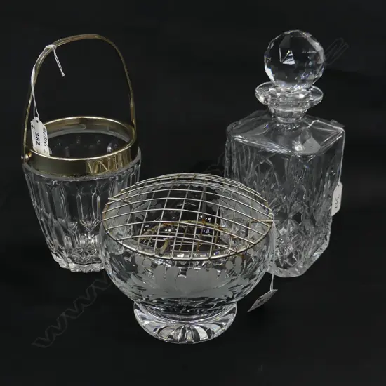 SM GLASS & CHROME ICE BUCKET(H. 145MM)+ R.BRIERLEY CRYSTAL ROSE BOWL W WIRE MESH (DIA145MM)& CUT GLASS DECANTER (H.240MM