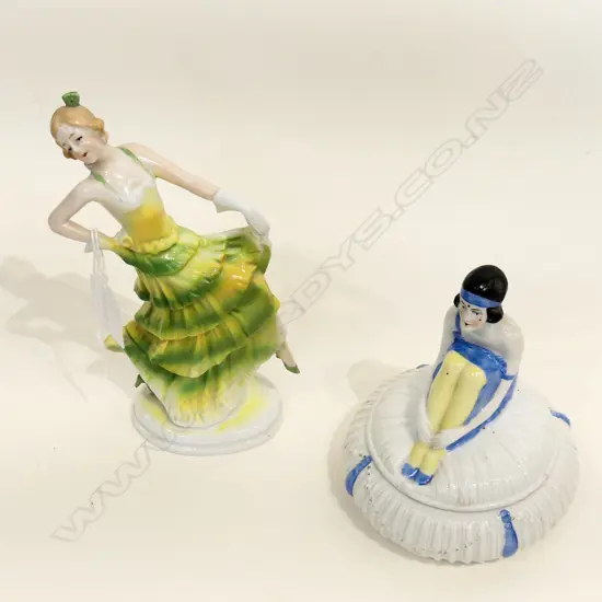 2 VINTAGE DECO PCES; FIGURE IN GREEN DRESS H.190mm + LIDDED CONTAINER w. KNEELING FLAPPER IN BLUE