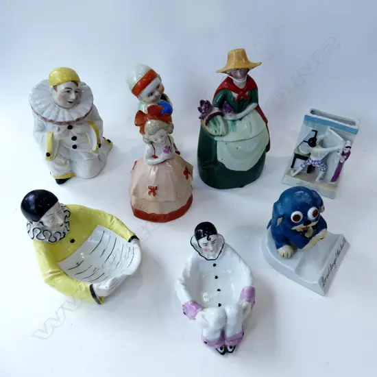 8 PORCELAIN FIGURINES; 3 CLOWNS (1 REPAIRED), 2 LADIES, 'MODESTE' & 'DO NOT FORGET THE TEETH', BABY w. BALL H.140mm